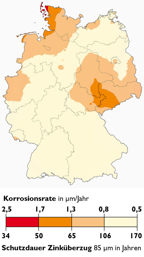 Abb. 2: Schutzdauer von Zinküberzügen in Deutschland (gemäß Zinkkorrosionskarte des Umweltbundesamtes)